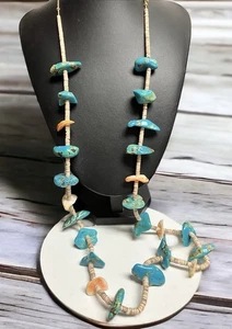 Vintage SANTO DOMINGO TURQUOISE NUGGET OYSTER HEISHI NECKLACE (36”)-103.2 Grams - Picture 1 of 14