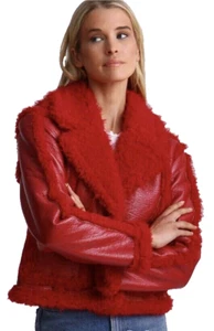 7 FOR ALL MANKIND Stella Red Vegan Leather Faux Shearling Cropped Jacket XS- NWT - Picture 1 of 7