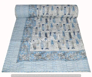 Indian Kantha Handmade Cotton Bedspread Quilt Throw Blanket Hand Block Fish Art - Picture 1 of 5