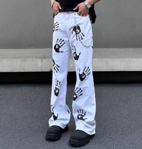 High street hiphop hand print jeans street style loose straight trousers - Picture 1 of 11