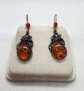 Vintage  925 Silver Baltic Amber With Inclusions Drop Dangle Hook Earrings