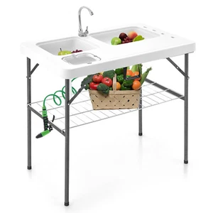 2-in-1 Folding Fish Cleaning Table Portable Camping Table w/ Faucet White - Picture 1 of 10