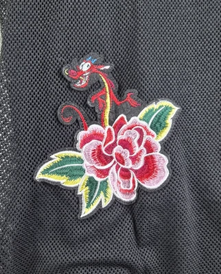 Disney Mulan Mushu Top Womens Large Black Mesh Floral Embroidered Shirt Layering - Image 1 of 4
