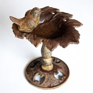 Vintage Cast Iron Bird Bath Pedestal w/ Leaf Basin For Rustic Farmhouse Garden  - Picture 1 of 8