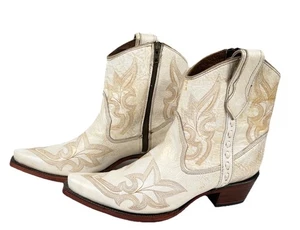 Botines Circle G Blanco Perla Talla 9.5 Cuero Bordado Cremallera Punta Corta - Imagen 1 de 9