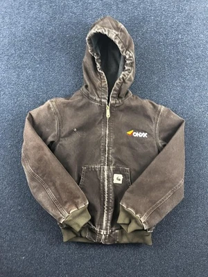Carhartt Jacket Youth 10/12 Brown Hooded Full Zip Fleece Lined Onyx Workwear - Image 1 of 4