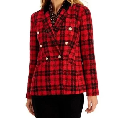 Charter Club Sz 10 Red Black Tartan Plaid Double Breasted Blazer Jacket Holiday - Image 1 of 4