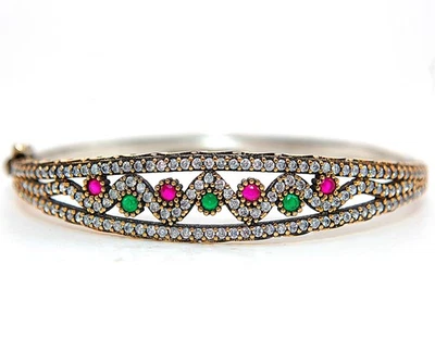 Ottoman Empire Style 6CT Treated Ruby & Topaz 925 Sterling Silver Bracelet  - Image 1 of 3