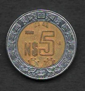 MEXIKO 1993 feine bi-metallische glatte runde Münze 5 neue Pesos KM # 552 - Bild 1 von 2