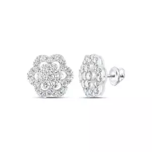 10K White Gold Genuine Diamond Women's Cluster Flower Halo Stud Earrings 2 CT - Picture 1 of 1