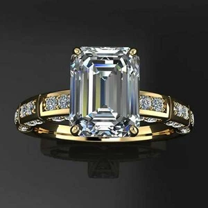 3Ct Emerald Lab-Created Diamond Solitaire Engagement Ring 14K Yellow Gold Finish - Picture 1 of 4
