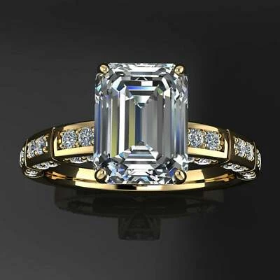 3Ct Emerald Lab-Created Diamond Solitaire Engagement Ring 14K Yellow Gold Finish - Image 1 of 4
