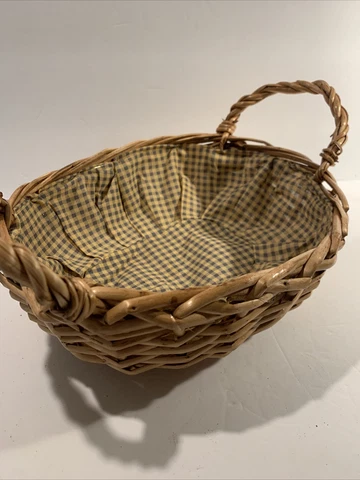 Vintage Willow Wicker Bread Basket With Green Beige Gingham Checked Cloth Lining Cover