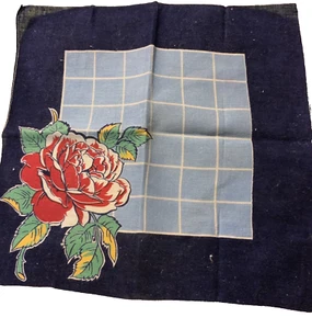 Vintage Colorful Single Red Rose Green Leaves on Blues Hankie Hanky Handkerchief - Picture 1 of 3