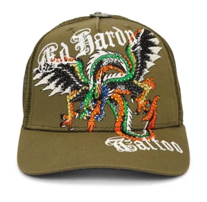Ed Hardy Trucker Hat Embroidered Rhinestone Dragon Tattoo Snapback Cap Green - Picture 1 of 7
