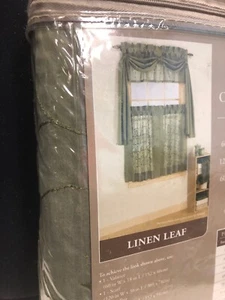 HomeTrends One Valance Scarf & Tier pair Set LINEN LEAF embroidered - NEW - Picture 1 of 4