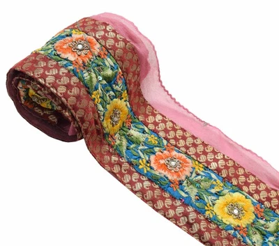 Sushila Vintage Multicolor Seda Sari Borde Artesanal Costura Borde Floral Encaje Foto 1 de 4