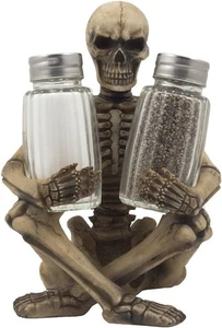 Scary Skeleton Glass Salt and Pepper Shaker Set with Decorative Spice Rack Displ - Picture 1 of 4