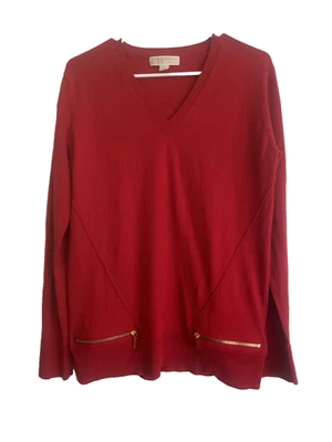 Women Michael Kors  Red Gold  Zippers Detail Pullover Sweater Medium V-neck a1 - Image 1 of 4