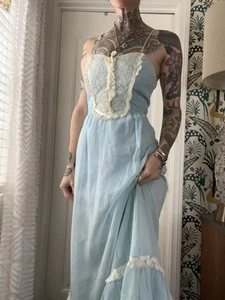 Vtg 70s Candi Jones California Prairie Maxi Dress Lace Bib Trim Boho Hippie XS - Picture 1 of 12