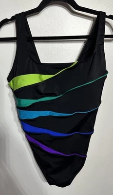 St. John's Bay Swimsuit One Piece Size 16 Black Ruched Colorful Stripes Padded - Image 1 of 4