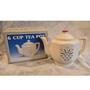 Vintage Ceramic Teapot 6 Cup Tea Pot Pink Trim Floral Design Kitchen Decor - Picture 1 of 10