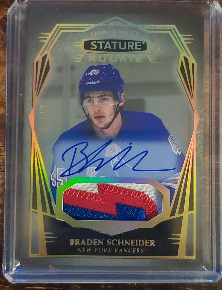 22-23 Upper Deck Stature Braden Schneider/Rangers  Rookie Patch Auto 4/20 - Image 1 of 3