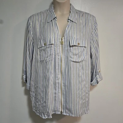 Anne Klein 尺寸 2X 蓝色白色 3/4 袖闪亮条纹全拉链金狮子新品 — 第 1/4 张图片