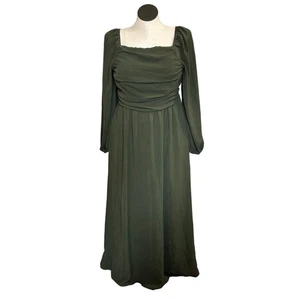Olive Green Square Neck Ruched Long Sleeve Maxi Dress Women's XL - Picture 1 of 7