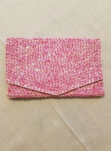 Vintage Satin Hand Beaded Pink Fold over Clutch Bag Purse - Picture 1 of 3