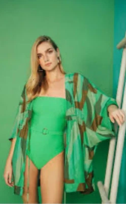 Touche Apple Green Brown Print Short Kimono Swim Cover Adjustable Strap Medium - Image 1 of 4