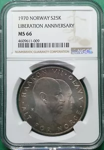 1970 NORWAY 25 KRONER SILVER LIBERATION ANNIVERSARY TONED NGC MS 66 - Picture 1 of 2