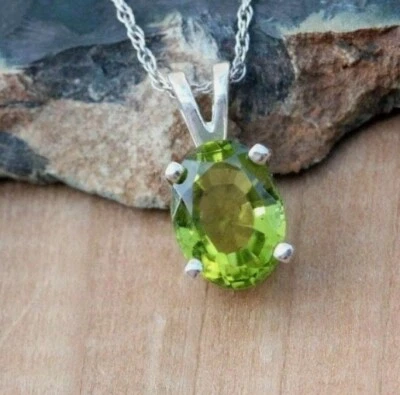 Excellent Cut 6x8 Simulated Peridot 4 Prong Solitaire Pendant For Her 925 Silver - Image 1 of 4