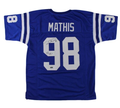 Jersey azul personalizado firmado por Robert Mathis Indianápolis con 52 balones sueltos forzados Foto 1 de 3