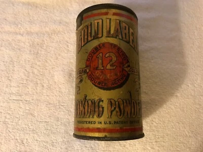 Polvo de hornear etiqueta dorada etiqueta de papel vintage lata completa, alrededor de 1900 Foto 1 de 4