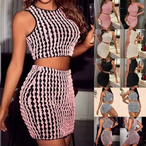 2Pcs Womens Sexy Crew Neck Crop Tank Tops Mini Bodycon Skirt Party Outfit Set - Picture 1 of 17