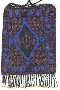 Vintage Antique Art Deco Micro Beaded Drawstring Purse Fringe Black Blue Purple - Picture 1 of 19