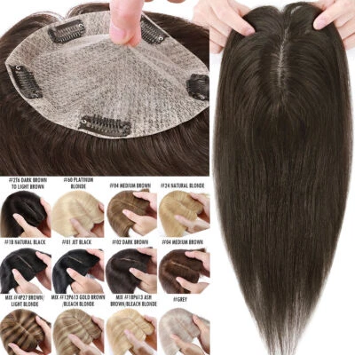 UK 100% Real Hair Topper Toupee Clip In Remy Human Hairpiece Silk Base Top Wig - Image 1 of 4