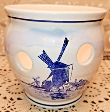 Vtg Delfts Holland Hand Painted Crocus Bowl Blue White Wind Mill Sailboat (flaw)