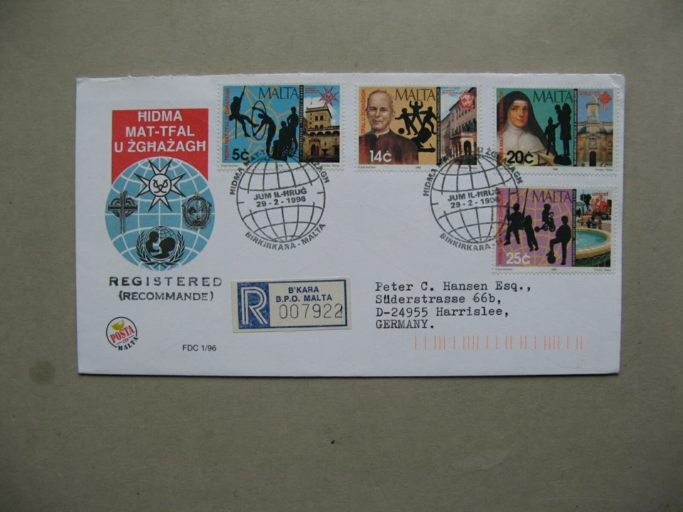 MALTA, R-cover FDC to Germany 1996, children's welfare UNICEF, bicycle - Image 1 of 1