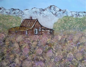 Painting Mountain View Cabin Original Bob Ross Style Signed Art by Carla Dancey - Picture 1 of 5