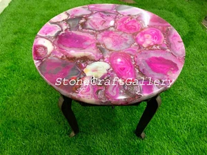 18" Agate Coffee Table, Natural Agate Round Table Top With 18" Wooden Stand - Picture 1 of 5