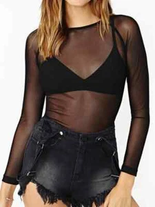 Primavera Verano Mujer Manga Larga Sexy Negro Malla Top Blusas Transparente Punk... - Imagen 1 de 8