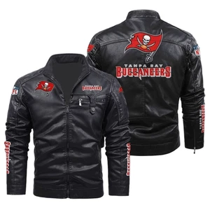Tampa Bay Buccaneers Black Leather Jacket NFL Fan Gear, Logo Patches, Zip Up - Picture 1 of 4