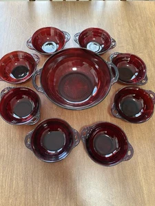 Vintage Depression Glass Ruby Red Coronation 8” Bowl & 8 Berry/dessert Bowls - Picture 1 of 12