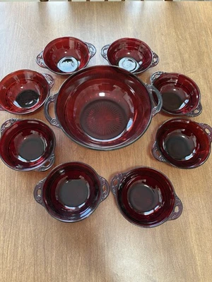 Vintage Depression Glass Ruby Red Coronation 8” Bowl & 8 Berry/dessert Bowls - Image 1 of 4