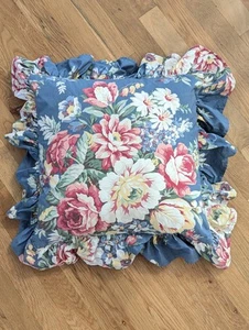 Vtg RALPH LAUREN Blue Kimberly Floral Cotton Ruffle Throw Pillow Cover + Insert - Picture 1 of 8