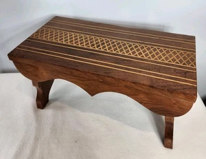 Vintage 1950s Studio Craft Inlaid Marquetry Geometric Pattern Wood Foot Stool - Picture 1 of 15