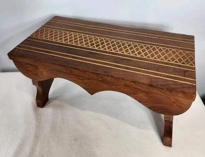 Vintage 1950s Studio Craft Inlaid Marquetry Geometric Pattern Wood Foot Stool - Image 1 of 4