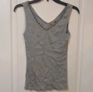 Gadzooks Y2K 2000's Vintage Gray Embellished Trim Ribbed Tank Top V Neck Retro L - Picture 1 of 4